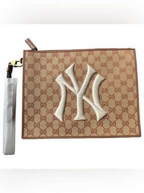 Gucci Tan & Beige GG Canvas Wristlet with Gold Hardware